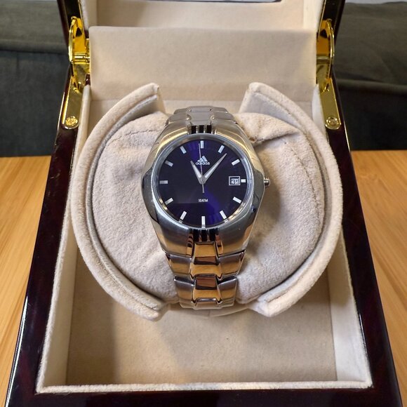 Vintage Adidas Solid Steel Calendar Metal Sport Watch 10-0127C, 37mm - Picture 1 of 5